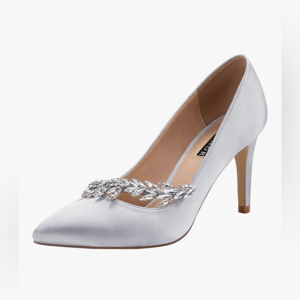 Silver Satin Pointed Toe Heels with Crystal Leaf Accent